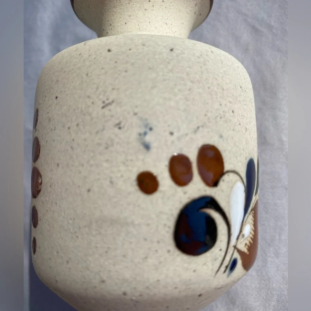 Stoneware bud vase cream blue brown white signed